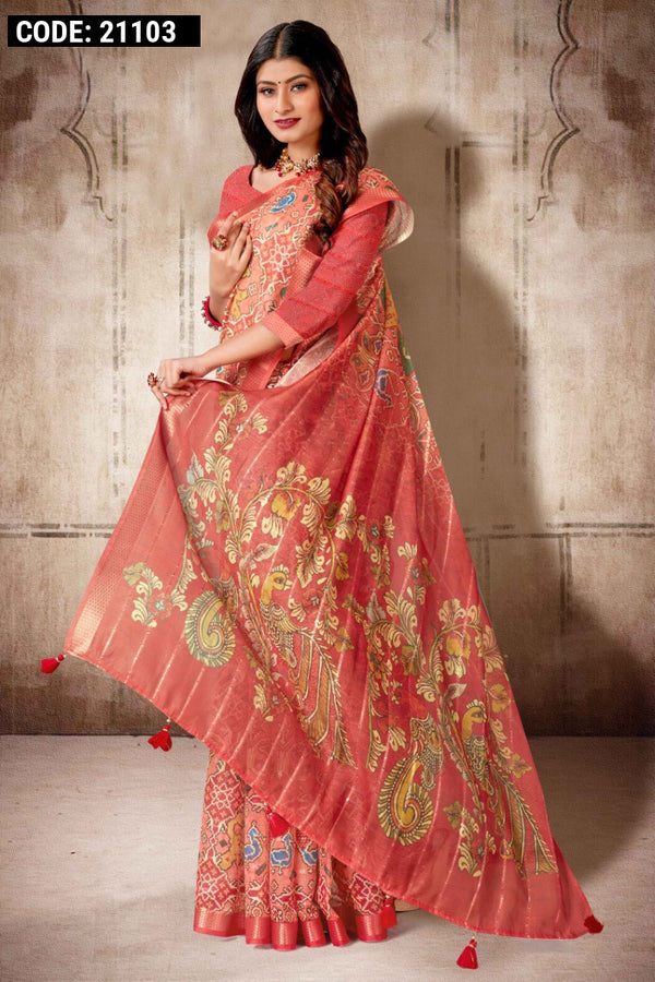 Peach color soft cotton saree with digital printed work